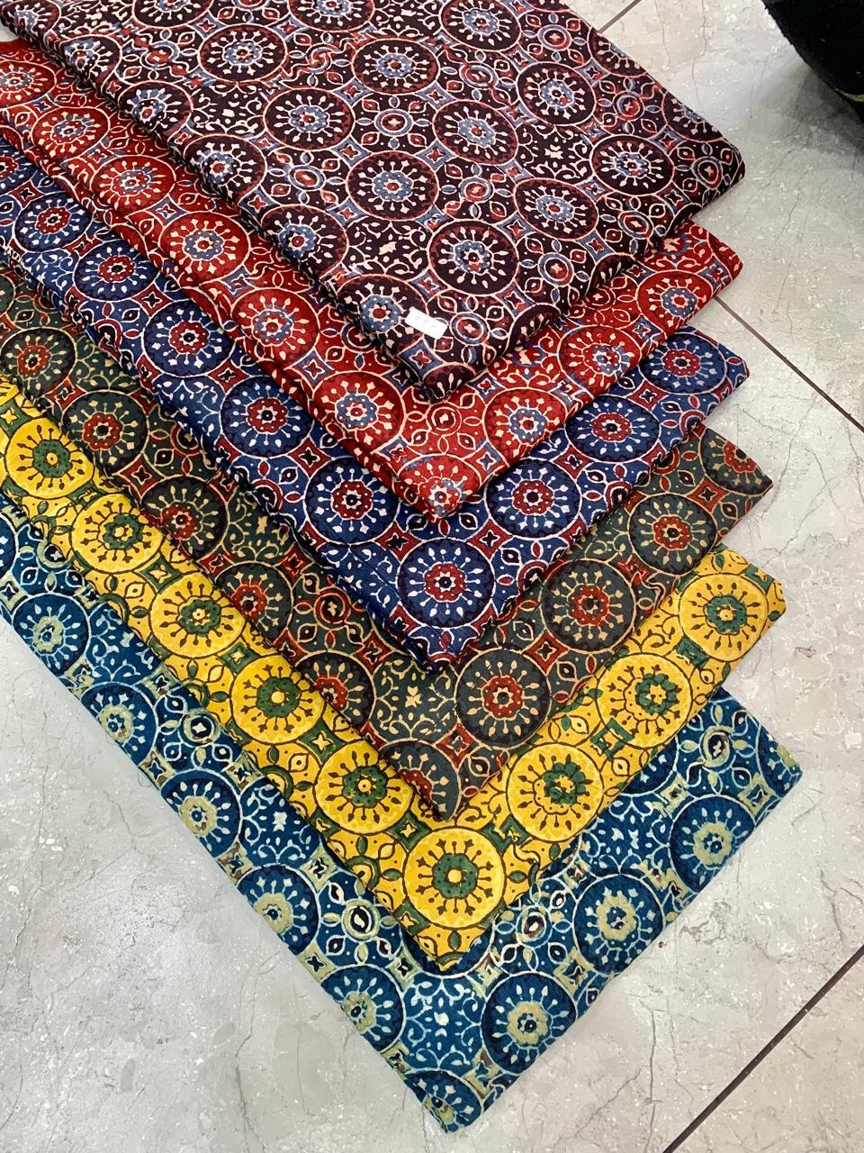 Ajrakh pure cotton handblock printed fabric with circular geometric motifs in traditional layout